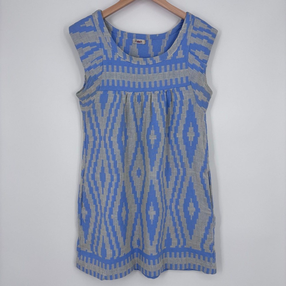 Faherty Blue Ikat Geometric Sleeveless Shift Mini Dress Sz S (Measured) Pockets